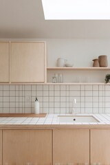 Fototapeta premium This contemporary kitchen features beautiful wooden cabinets and crisp white tiles, expertly designed to prioritize both functionality and a simple lifestyle