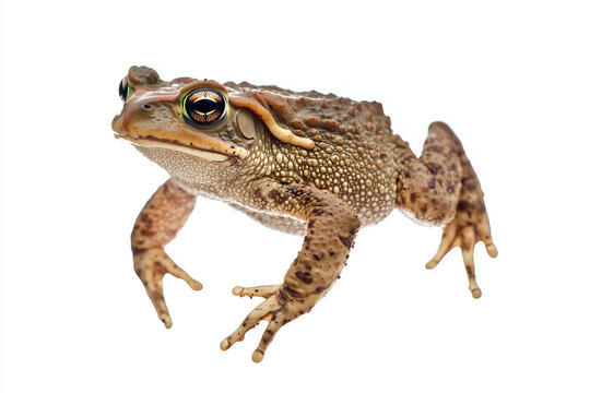 Large brown warty toad standing on all fours isolated on white background