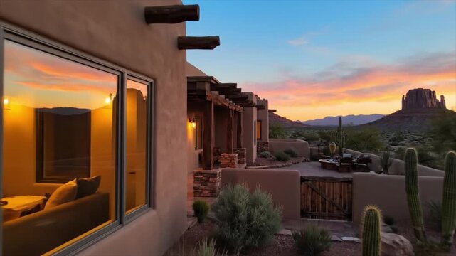 Desert home exterior with patio and cacti at dusk viewed from outside