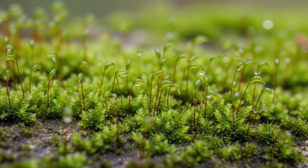 Close-up of Tiny Green Moss Plants Growing on Soil Surface in Natural Environment