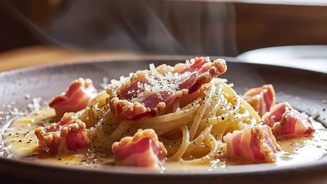 Delicious Spaghetti Carbonara with Crispy Pancetta and Parmesan Cheese.