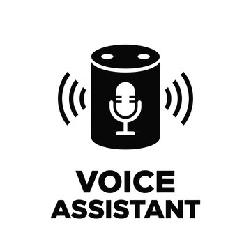 A black silhouette of a smart speaker with sound waves emanating from it accompanied by the text voice assistant below high quality professional detailed