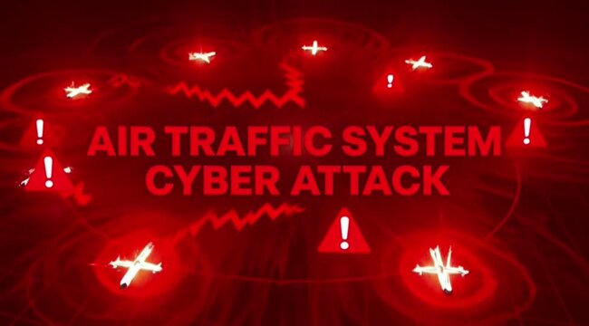 Digital Animation of Air Traffic System Cyber Attack Showing Plane Icons and Red Warning Symbols on Grid Background