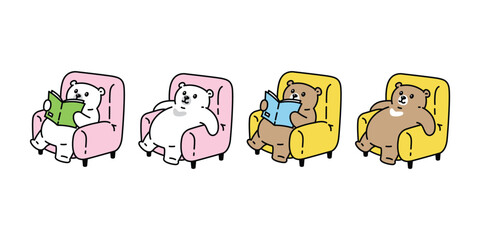 Bear polar icon sitting sofa reading book vector cartoon character teddy mascot doll symbol illustration animal pet isolated design