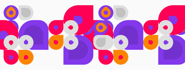 Abstract pattern features colorful circles, squares, rectangles. Repeating design creates playful, modern aesthetic. Simple shapes dominate composition.