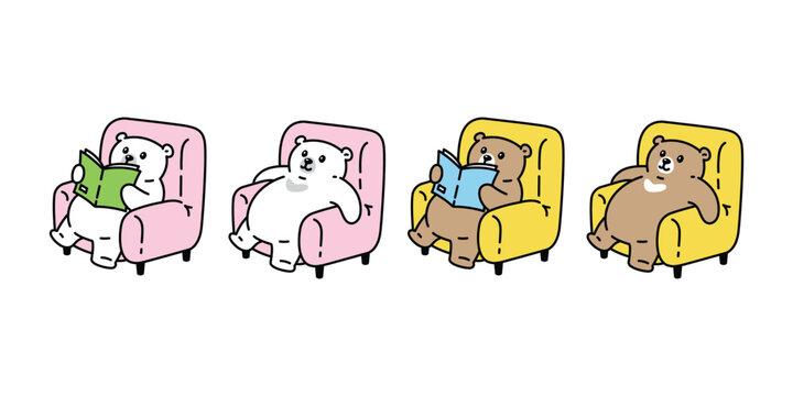 Bear polar icon sitting sofa reading book vector cartoon character teddy mascot doll symbol illustration animal pet isolated design