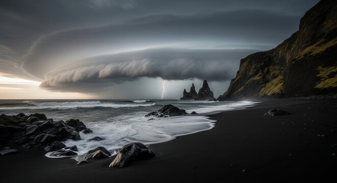 Dramatic coastal landscape with stormy clouds over rugged cliffs and black sand beach