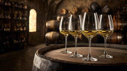 Luxurious winery cellar scene wine glasses on barrel warm lighting evokes rich tradition and refined taste