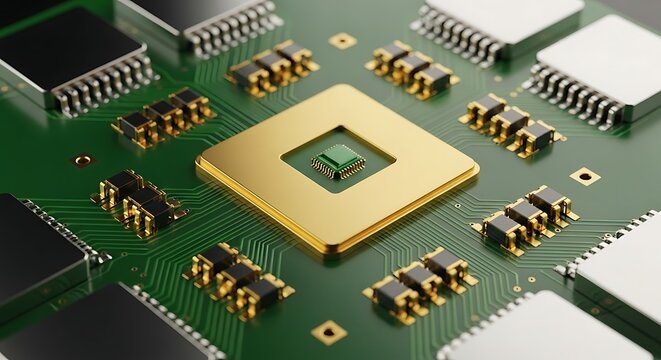 Close up of gold and green computer microchip on circuit board with various components