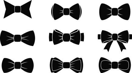 Set of black bow tie icons and silhouettes in various styles including classic butterfly pointed ribbon and formal tuxedo necktie elements © MstShopna