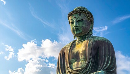 青空と白い雲を背景にそびえる青銅の大仏の上半身クローズアップ