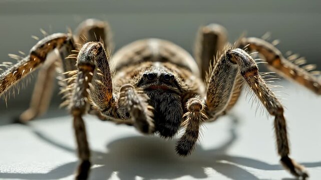 Closeup of a spider on a windowsill.
