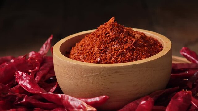 Chili powder in a wooden bowl.