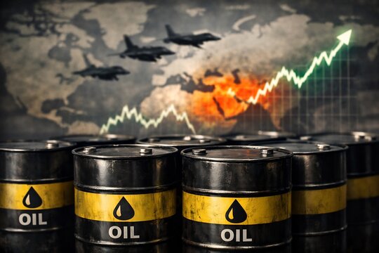 Oil barrels with graph and planes on world map background symbolizing global energy market trends and conflicts