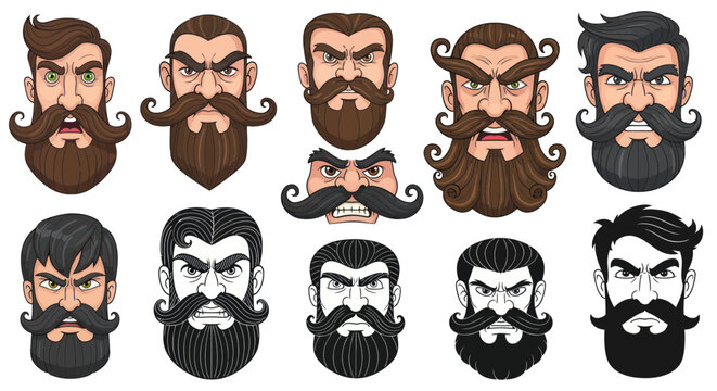 Angry Bearded Men Faces Collection: Diverse Styles, Cartoon Icons