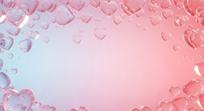 Soft pink and blue gradient background with heart shaped water drops and sparkling reflections