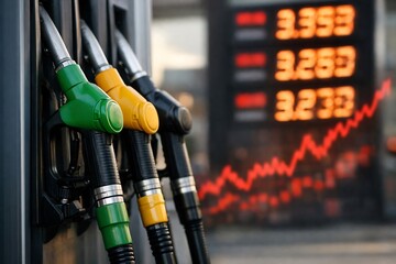 Gas pumps with rising fuel price display at a station indicating increasing energy costs