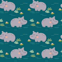 Obraz premium Vector seamless pattern Cute hippo, Adorable hippopotamus seamless pattern. Vector cute animal background