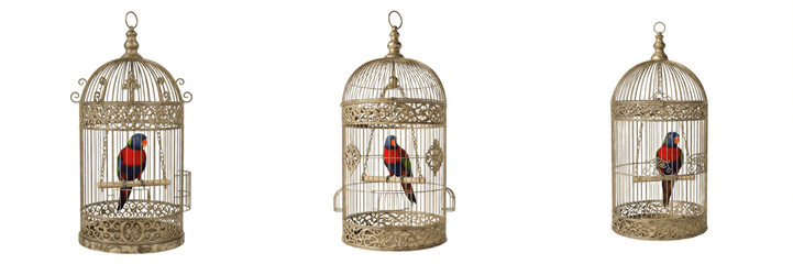 Set and collection of rainbow lorikeet parrots sitting on wooden perches inside ornate vintage birdcages isolated on white transparent png background © Wazir