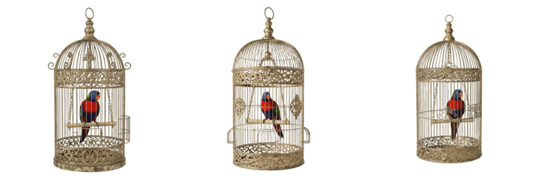 Set and collection of rainbow lorikeet parrots sitting on wooden perches inside ornate vintage birdcages isolated on white transparent png background