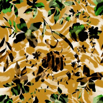 Abstract Hand Drawing Leopard Animal Skin Textured Mix Flowers and Leaves Seamless Pattern with Tie Dye Watercolor Zebra Stripes Background