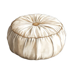 Elegant Tufted Round Pouf Ottoman in Cream Silk Fabric, Vintage Bohemian Footstool Watercolor Clipart, Isolated on White Background