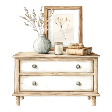 Rustic wooden dresser with home decor and dried flowers watercolor