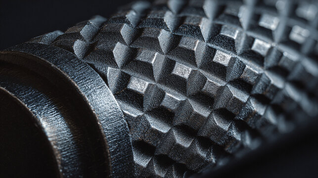 Close-up of a textured black flashlight grip. Concept Macro Photography, Textured Grip, Flashlight Close-Up, Black Matte Finish, Tool Details
