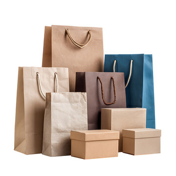 Various colored paper bags and boxes are stacked together indoors.