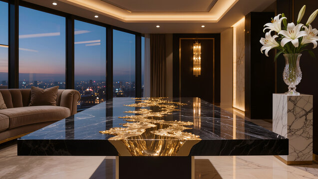 Luxury High-Rise Apartment Interior with Designer Marble Table and City View at Dusk