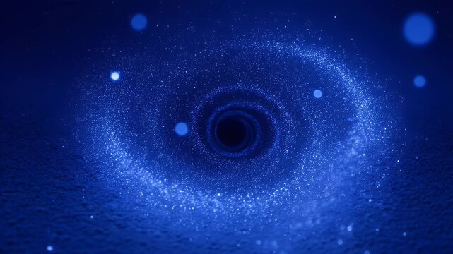 Deep blue cosmic swirl with glowing particles and distant orbs