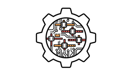 Graphic icon depicting a large gear containing a circuit board pattern symbolizing the integration of mechanics and electronics.