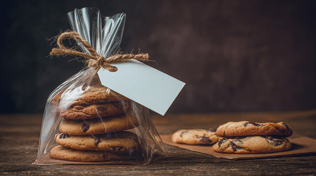 Stack of chocolate chip cookies in cellophane bag tied with twine on table. Homemade treats with blank gift tag. Delicious dessert food gift present for holiday celebration. Sweet pastry. Ready for