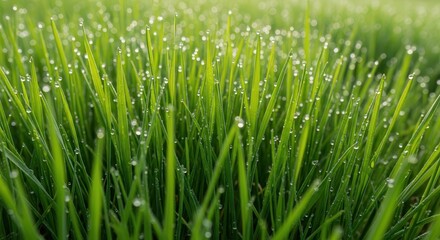 Close-up of vibrant green grass with dew drops on blades, fresh natural landscape