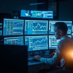 Fototapeta premium Trader analyzes stock market data on multiple screens