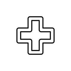 Fototapeta premium Medical cross outline icon representing healthcare hospital pharmacy clinic emergency first aid and doctor services in a minimalist black and white line art vector design for medical web applications.