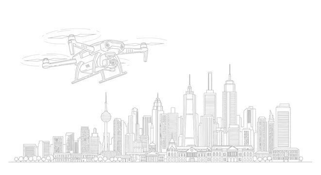 Aerial view black and white line art drawing depicting a modern quadcopter drone flying above a dense urban cityscape skyline illustration