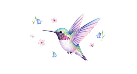 Fototapeta premium Watercolor hummingbird with delicate blue bell flowers and pink blossoms isolated on a transparent background