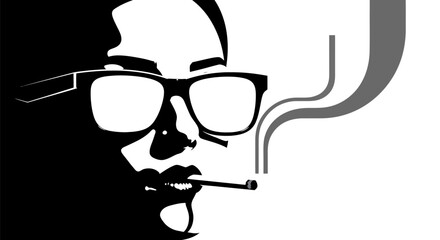Man wearing glasses smoking a cigarette in black and white illustration.