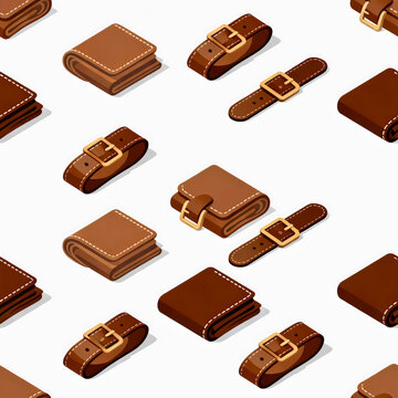brown leather wallets and belts arranged on a white background