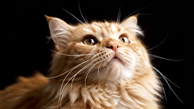 Orange Cat Looking Upwards on Black Background.