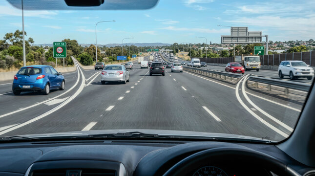 A driver gazes out at steady highway traffic, framed by a vast, clear blue sky. A quiet moment of journey and motion, evoking freedom and the open road.