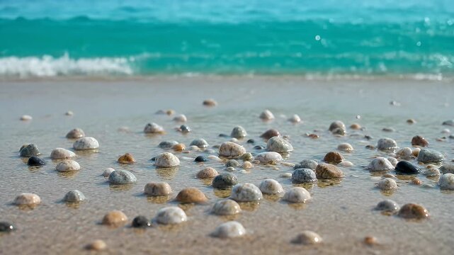 Shallow waves wash over smooth pebbles on a sandy shore under blue skies