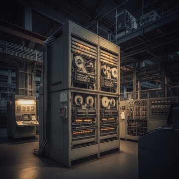 Vintage Mainframe Computer in a Dark, Industrial Setting