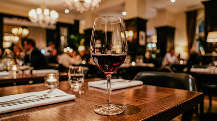 Fototapeta premium Warm lights glow softly above. Red wine glints in a crystal glass. Fork and knife rest on crisp napkins. Patrons chat, laughter fills the air. Elegant dining room exudes comfort