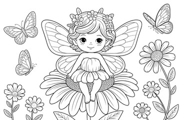 Cute fairy girl sitting on a flower surrounded by butterflies in black and white