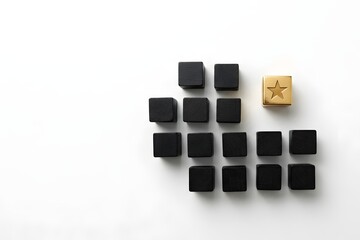 Minimalist Gold Block Featuring Star Symbol Evaluating Black Blocks on Smooth Matte White Surface with High Contrast Lighting Showcasing Excellence evaluation