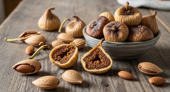 Fresh ripe figs cut open with almonds and walnuts, rustic table setting, healthy organic fruit and dry fruit concept