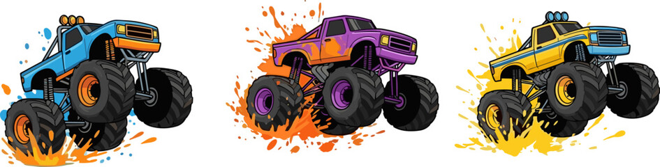 Monster truck cartoon vector illustration collection, colorful offroad vehicles, big wheel pickup mascot design for motorsport kids print