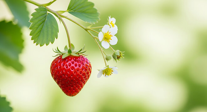 Ripe red strawberry hanging from green vine with white flowers on soft blurred background